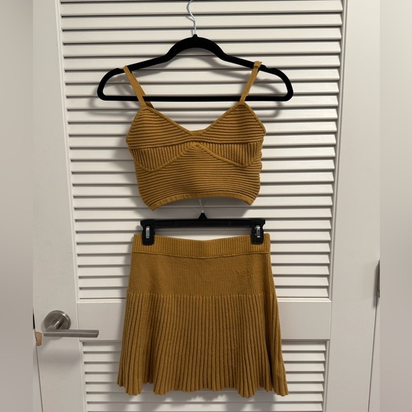 aerie Dresses & Skirts - aerie Mustard Ribbed Knit Mini Skirt & Crop Top Set